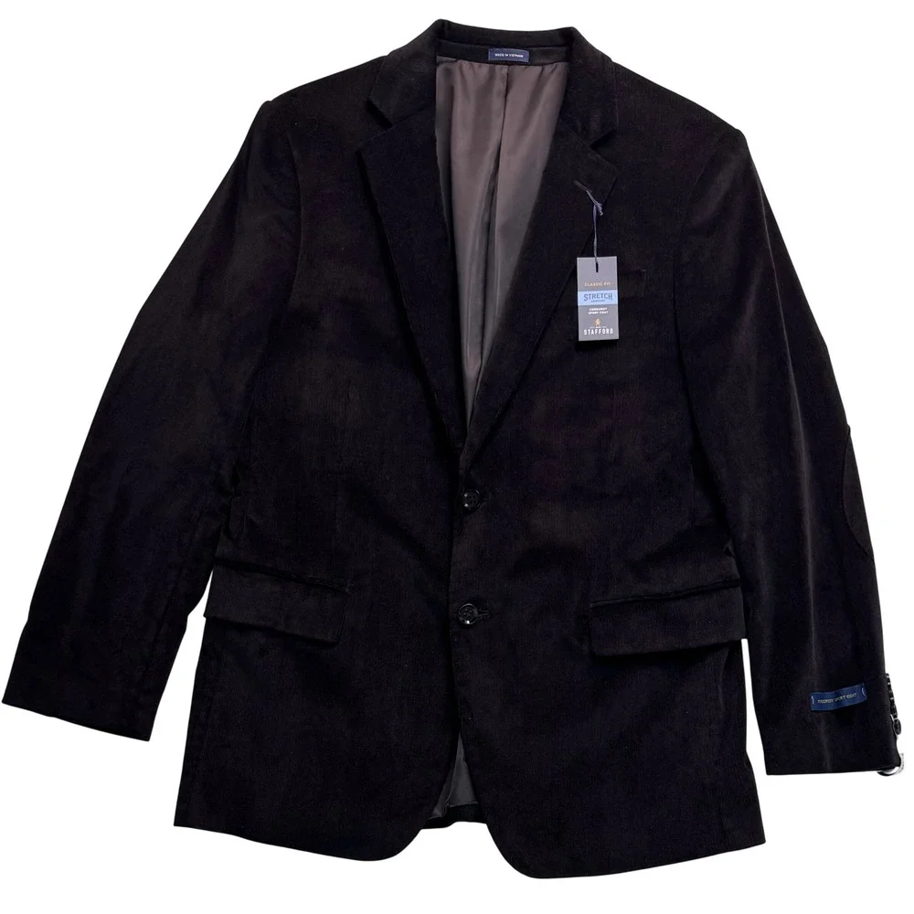 Stafford Mens 44R Black Corduroy Sport Coat Blazer Classic Fit Stretch Elbow Pat